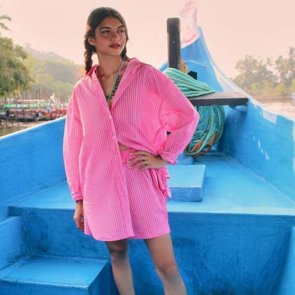 SZ Blockprints Oversize Button Down Shirt Mulmul Double Thin Stripe Hot Pink LG